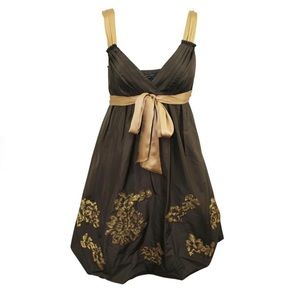 BCBGMAXAZRIA Dark Brown & Gold Empire Waist Sleeveless Silk Cocktail Dress Sz 0